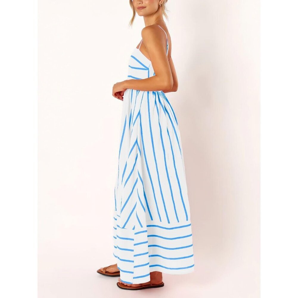 Women's Wide Blue White Striped Back Smocked Spaghetti Strap Cut Out Maxi Dress - Picture 5 of 7